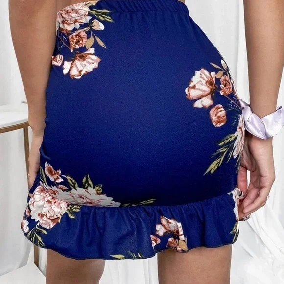 Ruched Drawstring Knot Ruffle Hem Floral Skirt - Picture 7 of 7